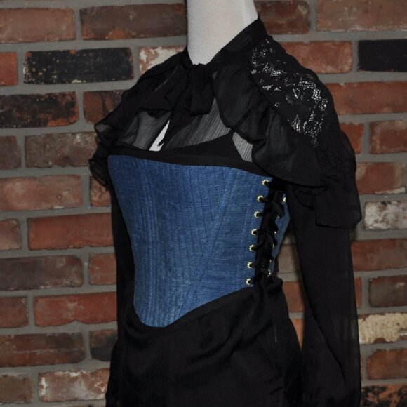 New Reversible Green Plaid & Denim Side & Back Lace-up Corset Bustier Top M - Picture 8 of 13